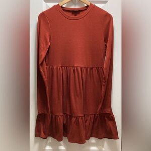 As You Wish Ribbed Tiered Dress Rust Long Sleeve Ribbed Dress